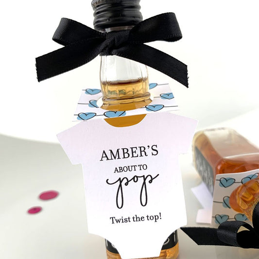 about to pop baby shower favor tags for mini liquor
