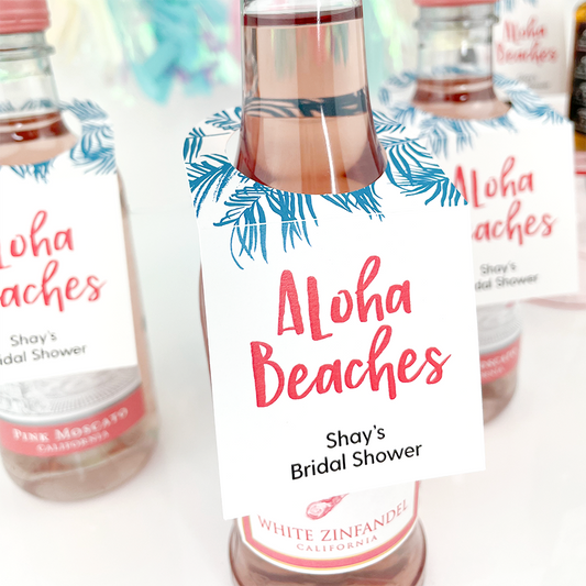 aloha beaches bridal shower mini bottle tags on mini wine and champagne bottles