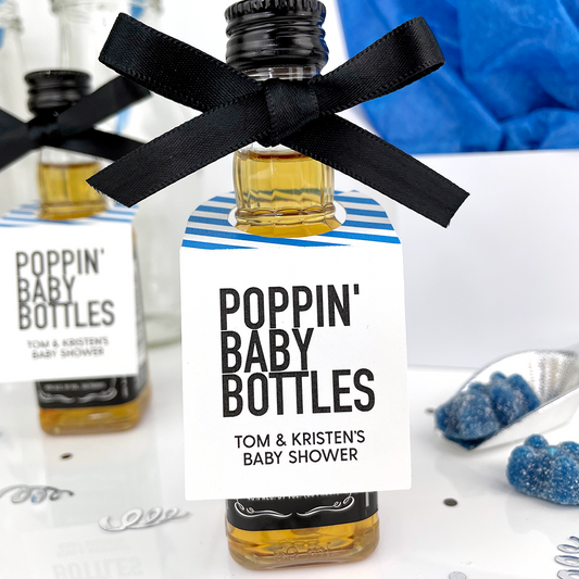 poppin baby bottles baby shower favor tags on mini bottles of alcohol