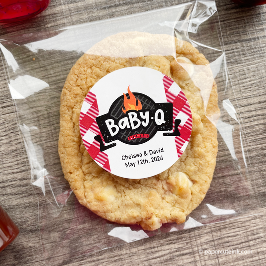 round baby shower favor labels for bbq babyq theme baby shower.
