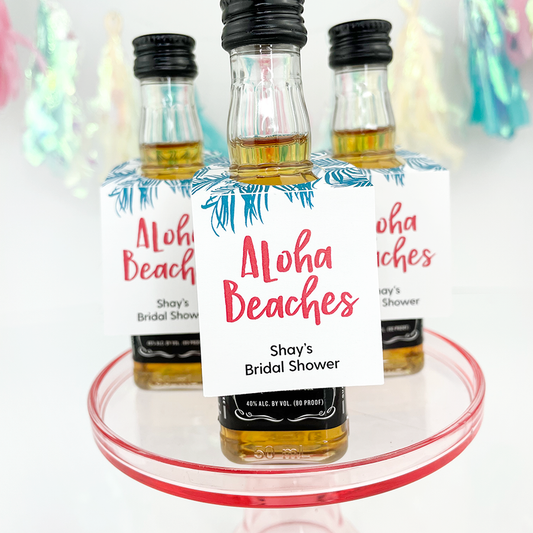 aloha beaches bridal shower mini bottle tags on 50ml mini liquor bottles