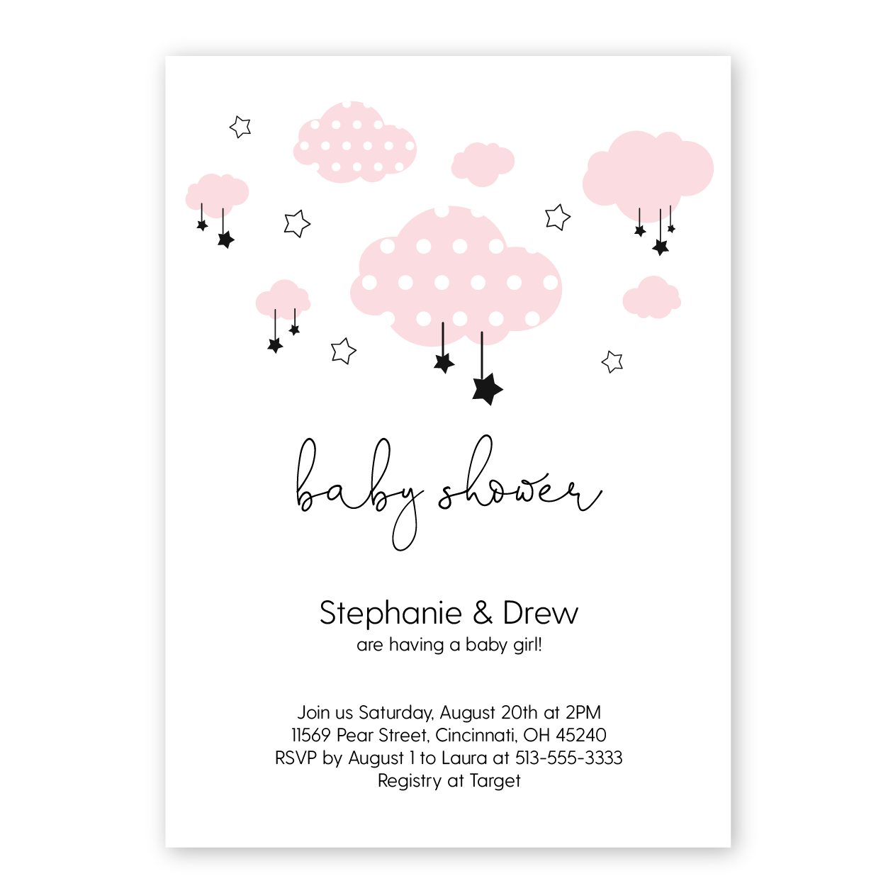 clouds and stars baby shower invitation
