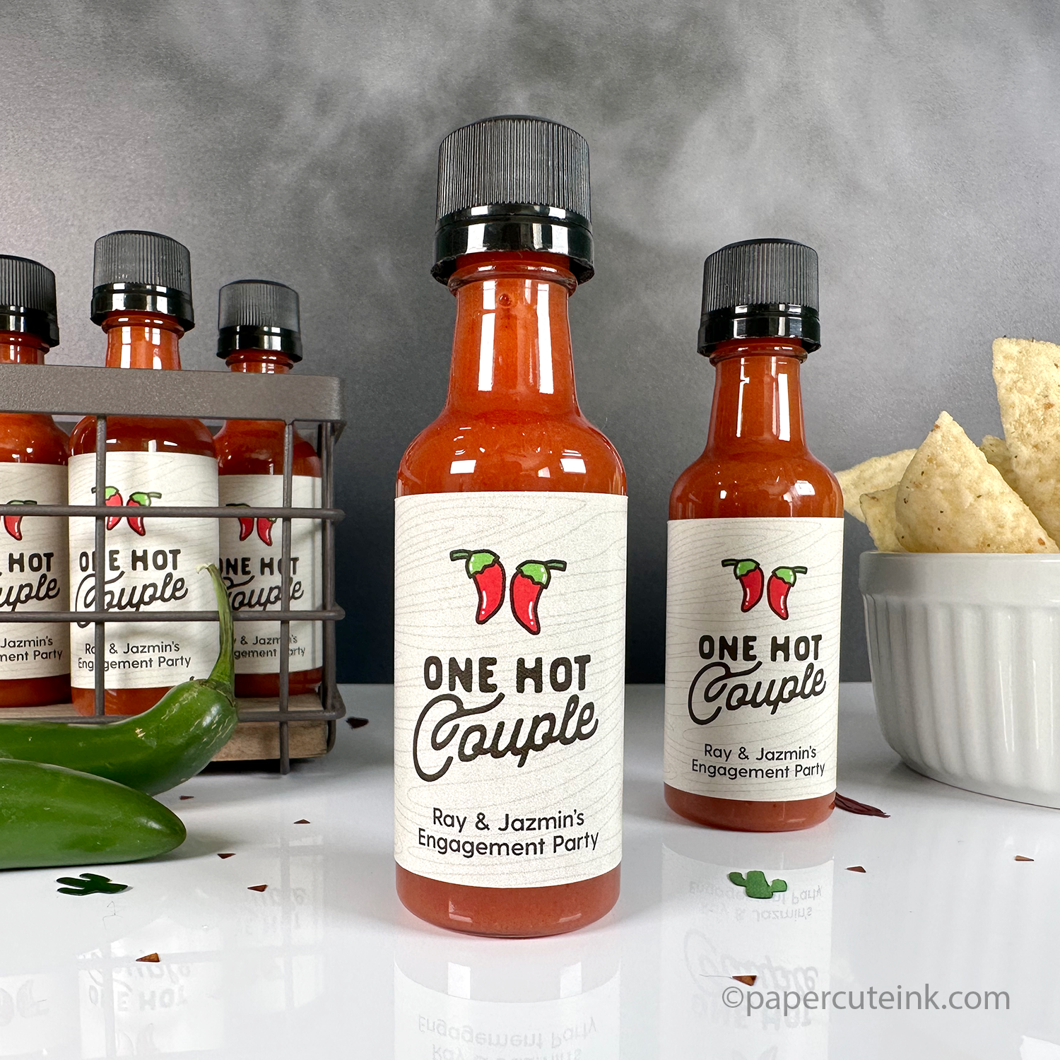 One hot couple wedding engagement party favors mini hot sauce bottle favors