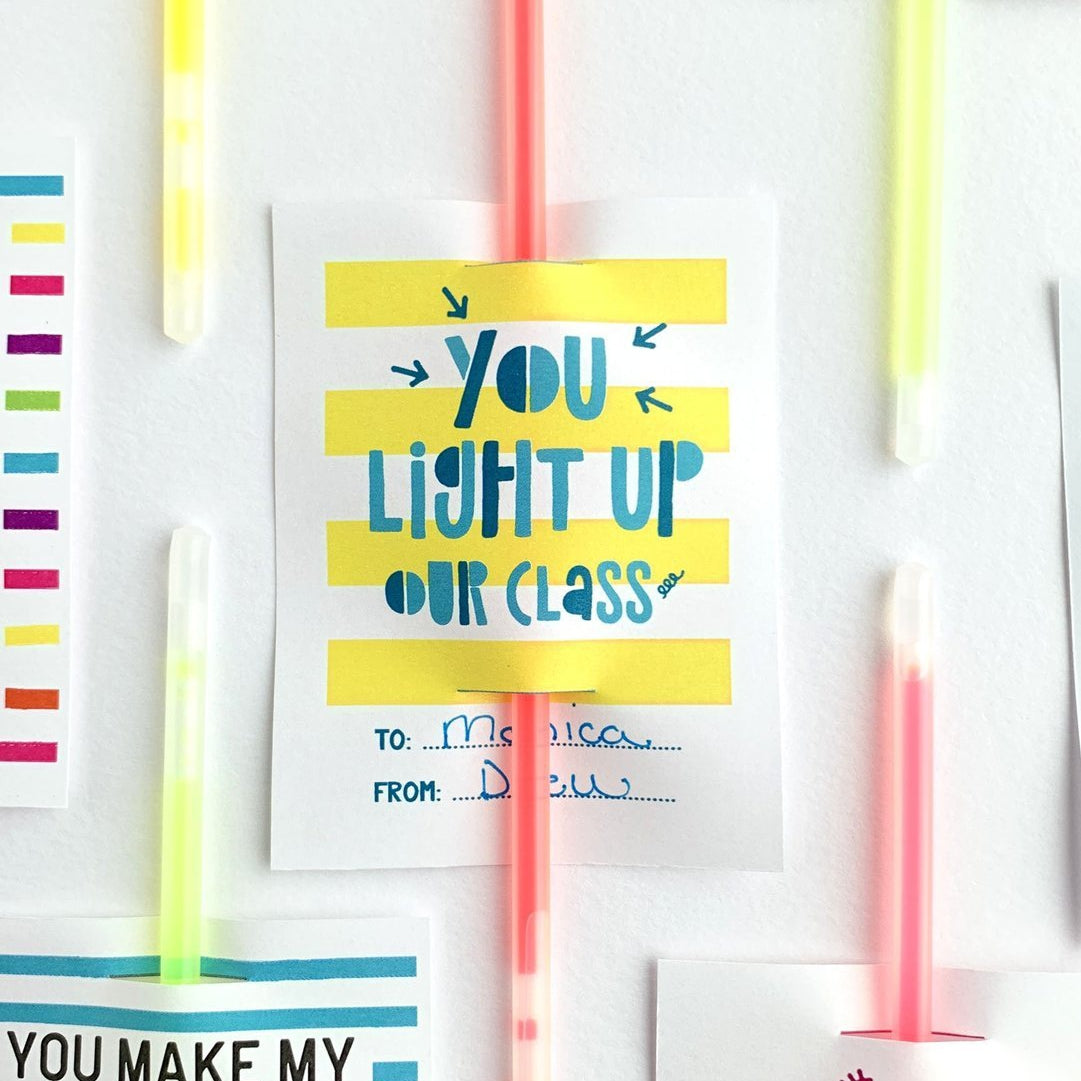 Glow Stick Valentine Cards for Classmates-instant download-Paper Cute Ink