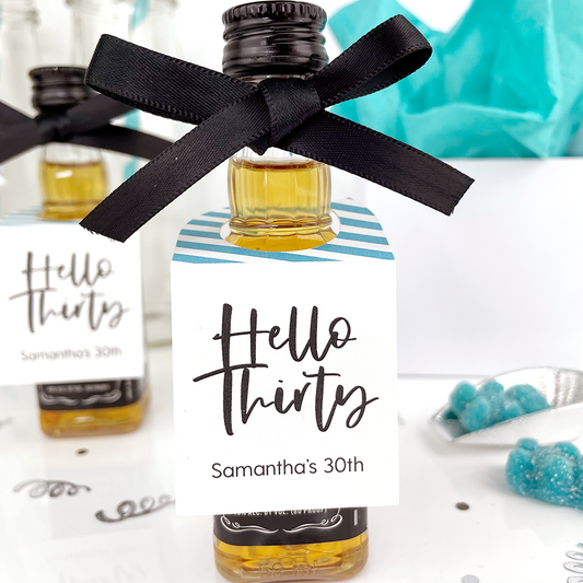 hello thirty 30th birthday mini favor tags on mini liquor bottles