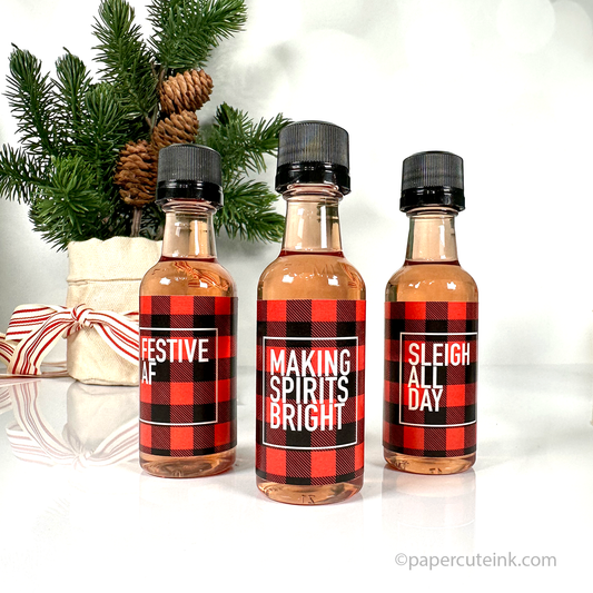 red and black plaid holiday liquor bottle labels