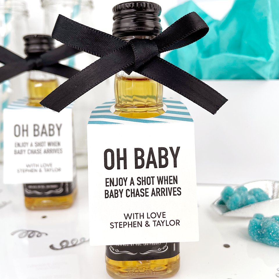 oh baby enjoy a shot tags on a mini bottle of liquor