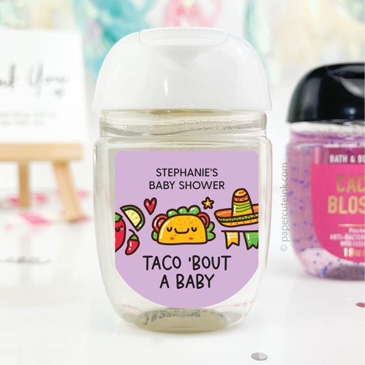 fiesta baby shower hand sanitizer favor labels for Bath and Body Works PocketBac sanitizer