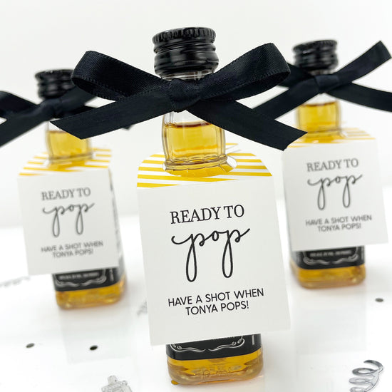 yellow baby shower favor tags for liquor bottles