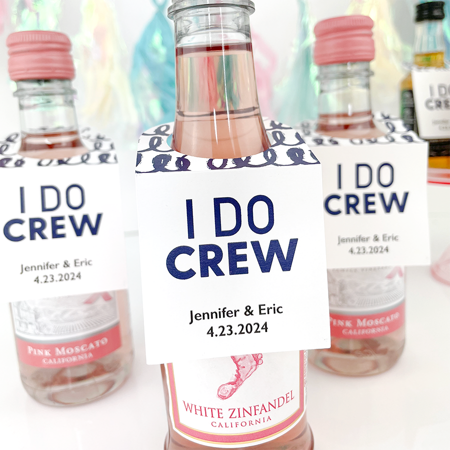 I Do Crew bridal shower mini bottle tags on mini wine and champagne bottles