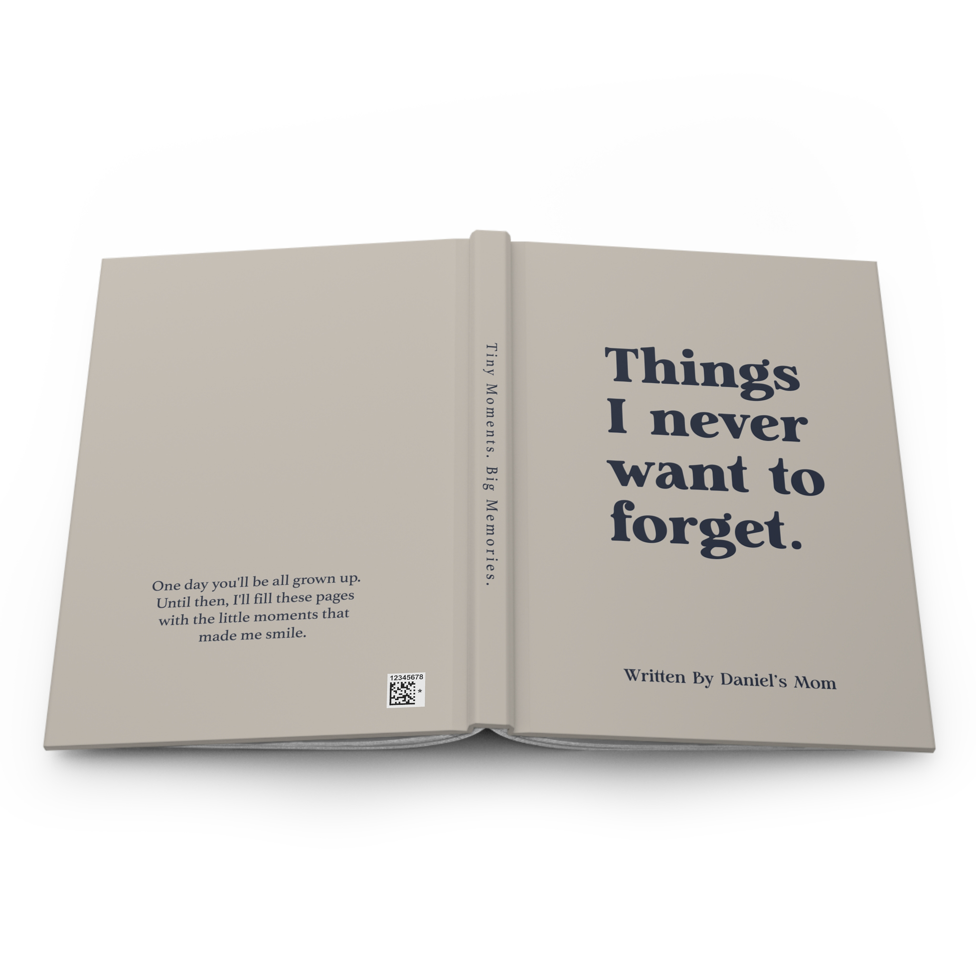 An open hardcover book with a minimalist design, featuring the title 'Things I never want to forget.' on the right page and a quote on the left page, set against a clean white background.