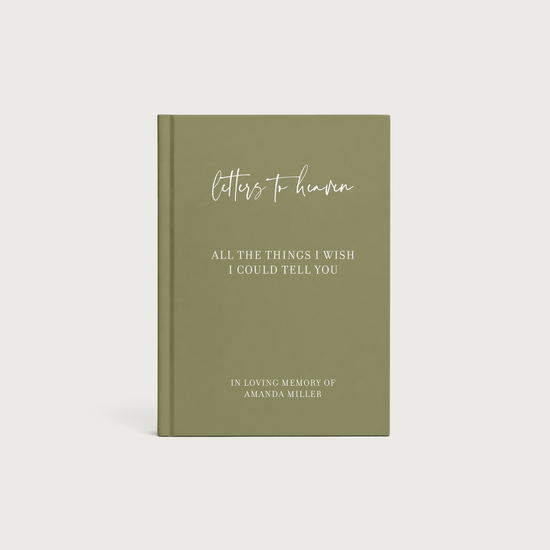A hardcover journal with an olive green cover and white text, titled 'Letters to Heaven' and featuring the subtitle 'All the Things I Wish I Could Tell You' and 'In Loving Memory of Amanda Miller', shown on a light gray background.