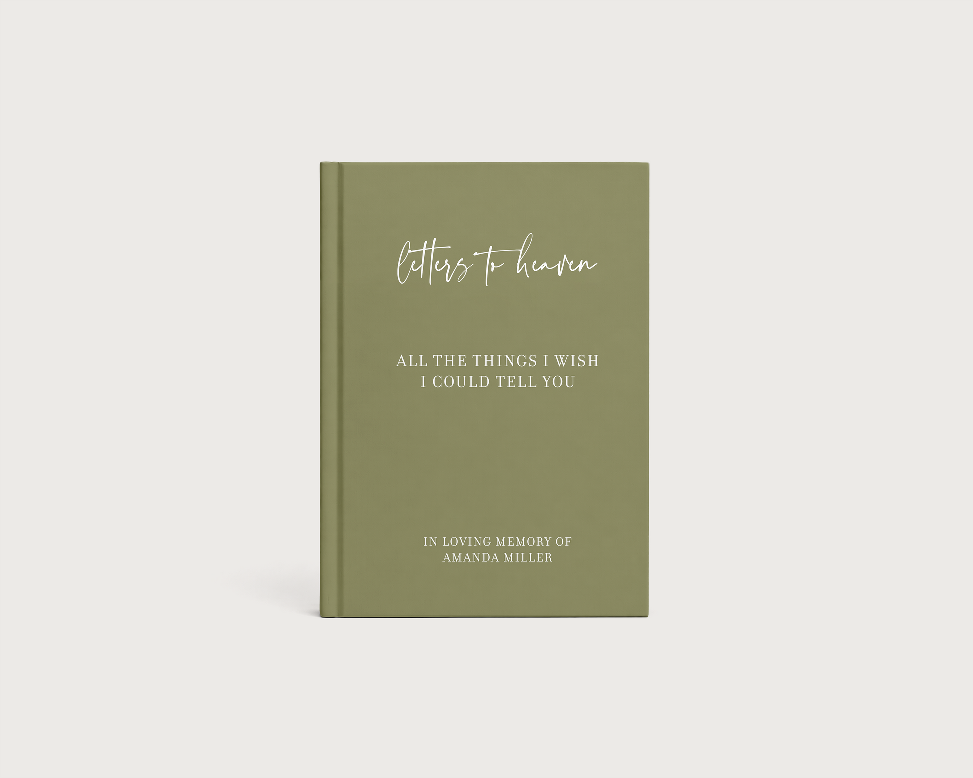 A hardcover journal with an olive green cover and white text, titled 'Letters to Heaven' and featuring the subtitle 'All the Things I Wish I Could Tell You' and 'In Loving Memory of Amanda Miller', shown on a light gray background.