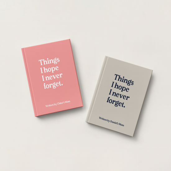 Two hardcover books titled "Things I hope I never forget." by authors Daniel's Mom, one in pink and one in light gray, displayed on a clean off-white background.