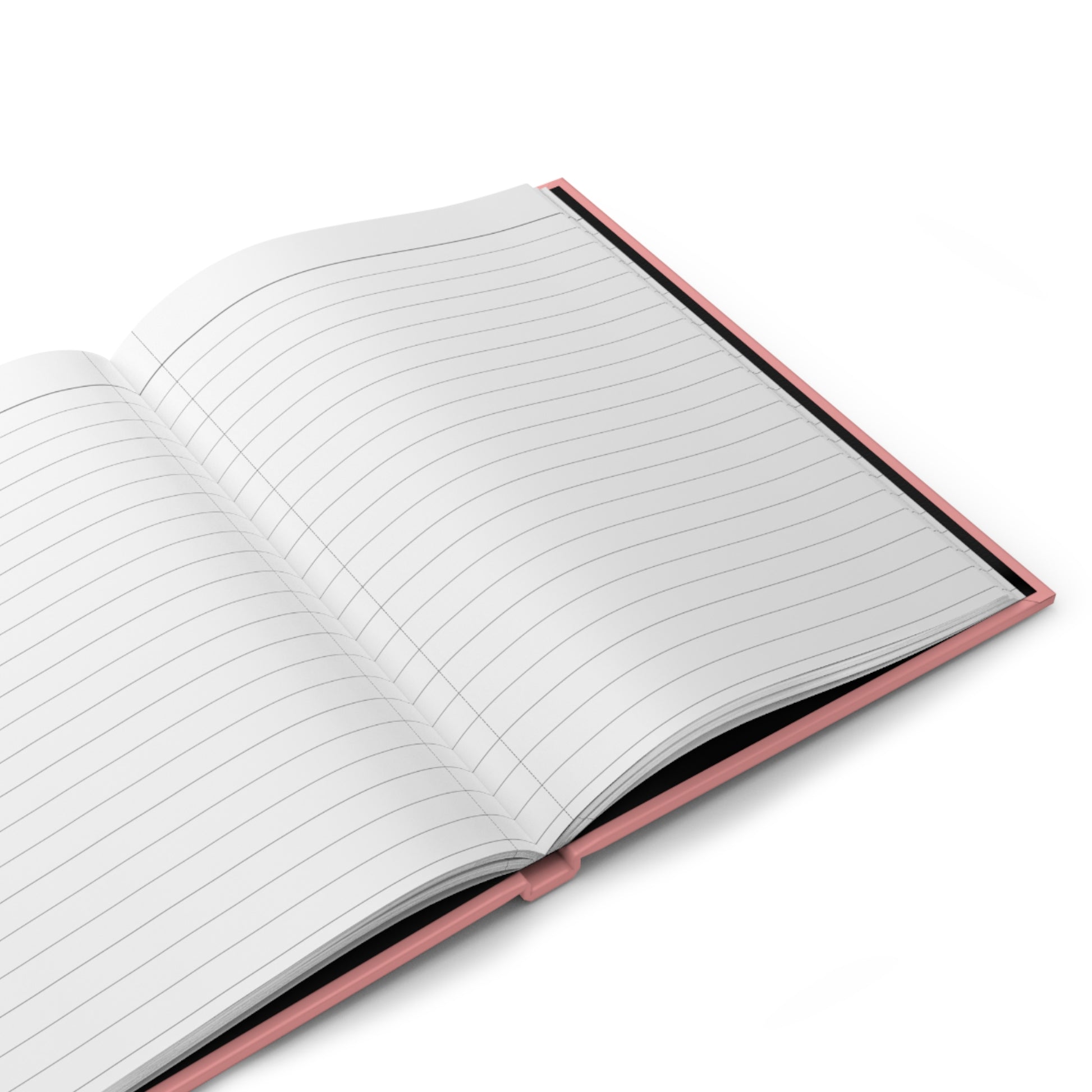 Open hard cover journal notebook with lined pages on a white background