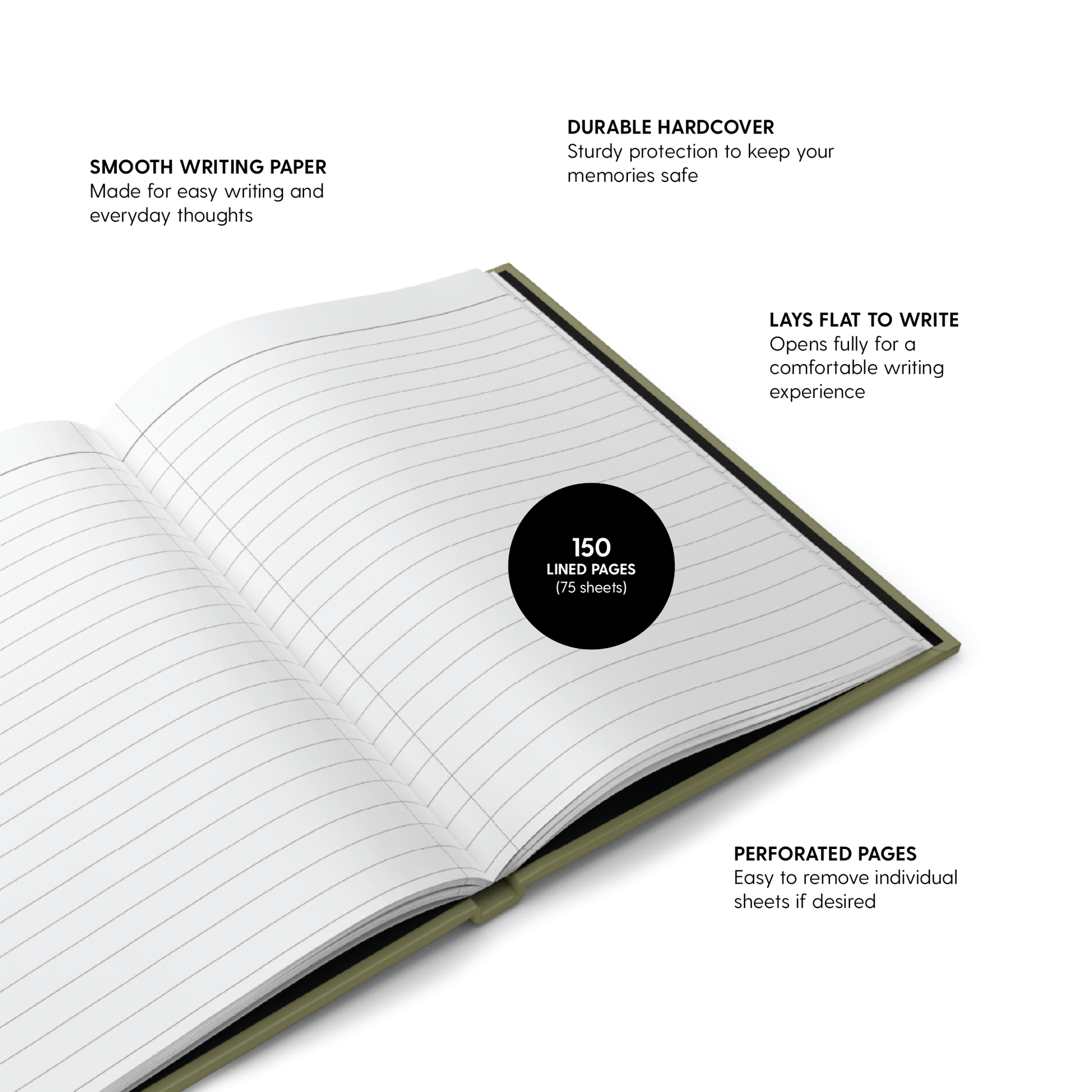 An open notebook with lined pages on a white background, surrounded by feature callouts: smooth writing paper, durable hardcover, lays flat to write, 150 lined pages (15 sheets), and perforated pages.
