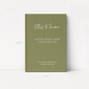 A personalized hardcover journal with an olive green cover, featuring white script and serif text that reads 'Letters to heaven' and 'All the things I wish I could tell you' with memorial details. T