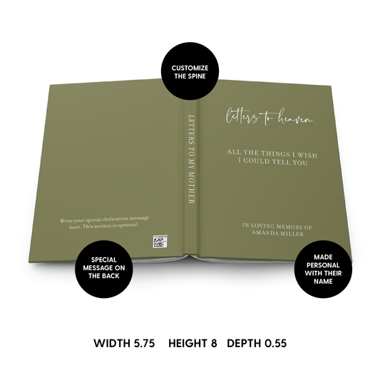 An open olive green book mockup with printed memorial lettering on the cover and spine, overlaid with black circular callouts reading 'Customize the spine,' 'Special message on the back,' and 'Made personal with their name,' plus dimensions at the bottom.