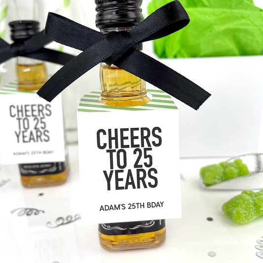 cheers adult birthday party tags on mini liquor bottles