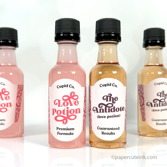 Cupids love Potion and Love Potion Antidote mini liquor bottle labels