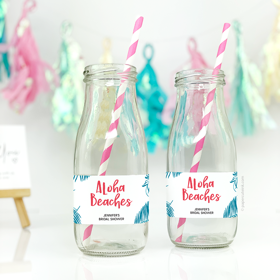 aloha beaches bachelorette party stickers labels on glass milk bottles