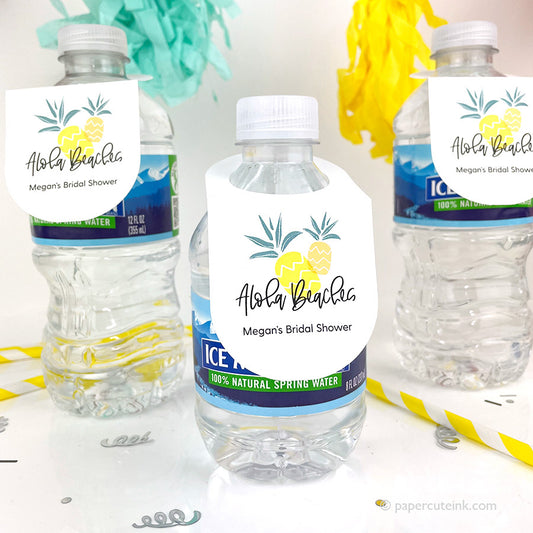 Party favor Aloha Beaches drink tags attached to water bottles