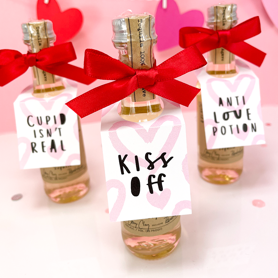 galentines day party favor tags for mini bottles of liquor