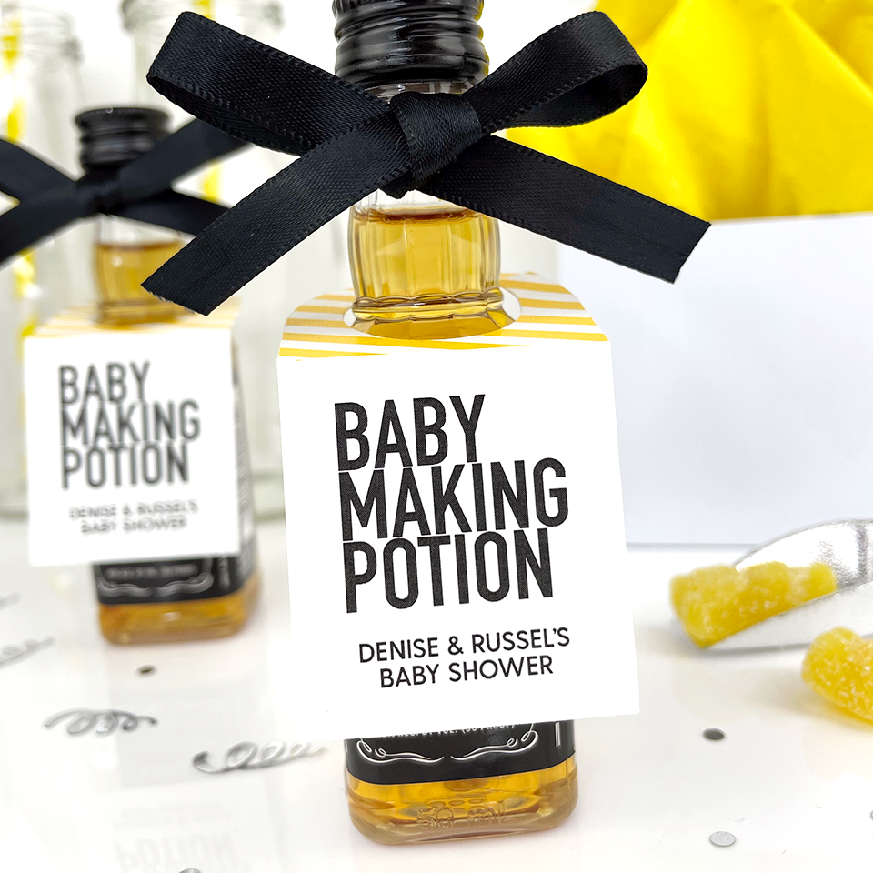 baby making potion baby shower favor tags on mini bottle of liquor