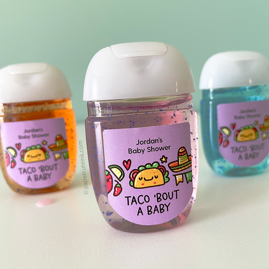 baby shower favors hand sanitizer labels taco bout a baby