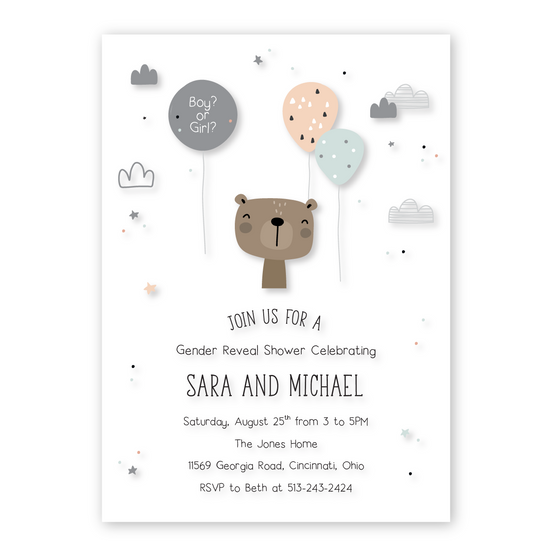 Bear and Balloons Gender Reveal Invitation-invitations-Paper Cute Ink