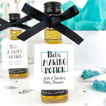 blue baby shower tags, baby making potion