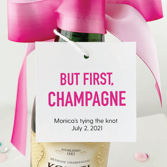 but first champagne square champagne favor tags