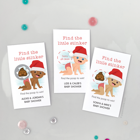 Christmas baby shower scratch off game. Baby wearing a red Santa hat. Scratcher card reads find the little stinker.