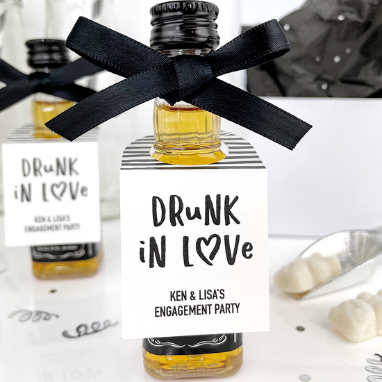 drunk in love engagement party favor tags on mini liquor bottles