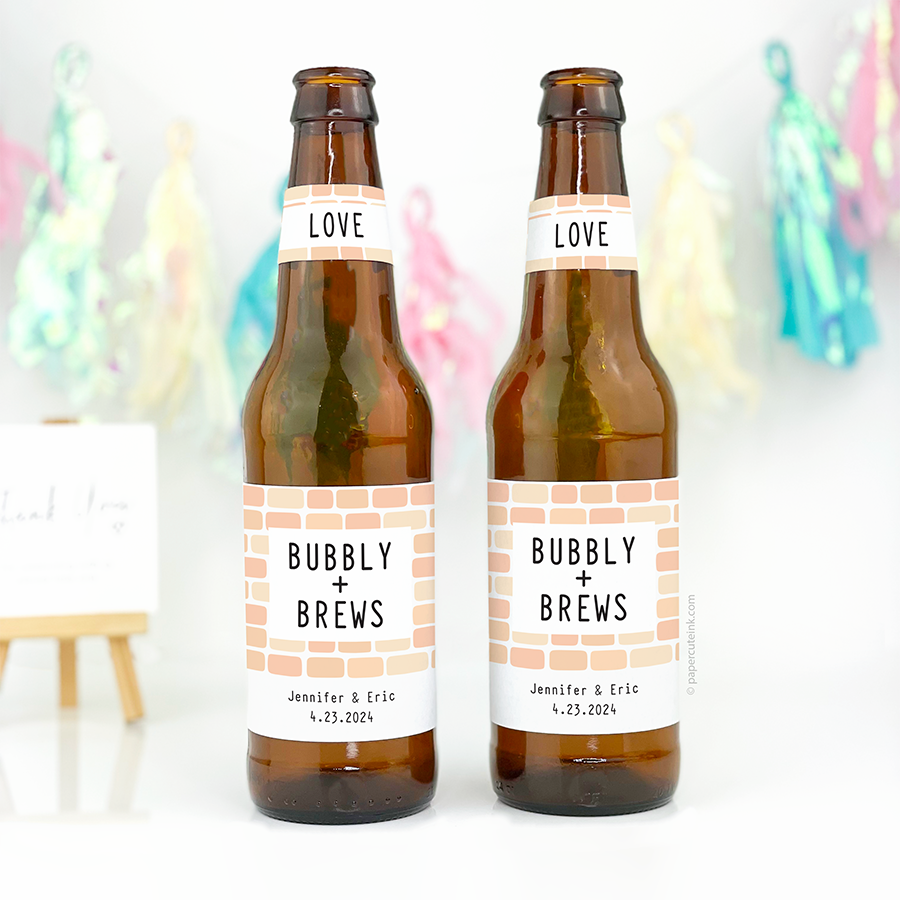 Personalized engagement party beer labels.