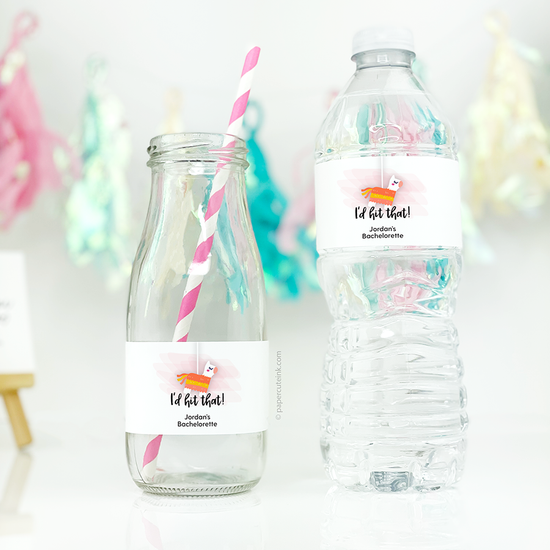 custom water favor labels on water bottle and glass milk bottle