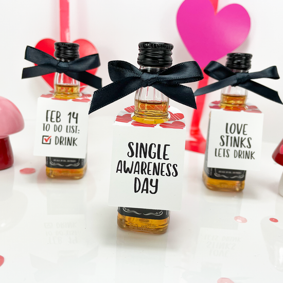 anti valentine's day party favor gift tags for mini liquor bottles.