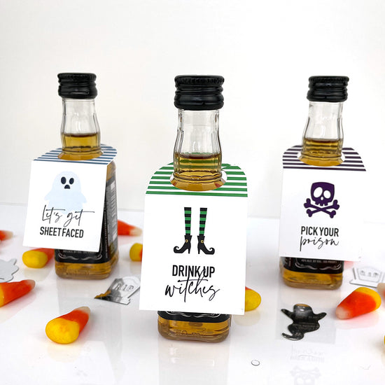 drink up witches halloween mini liquor bottle tags
