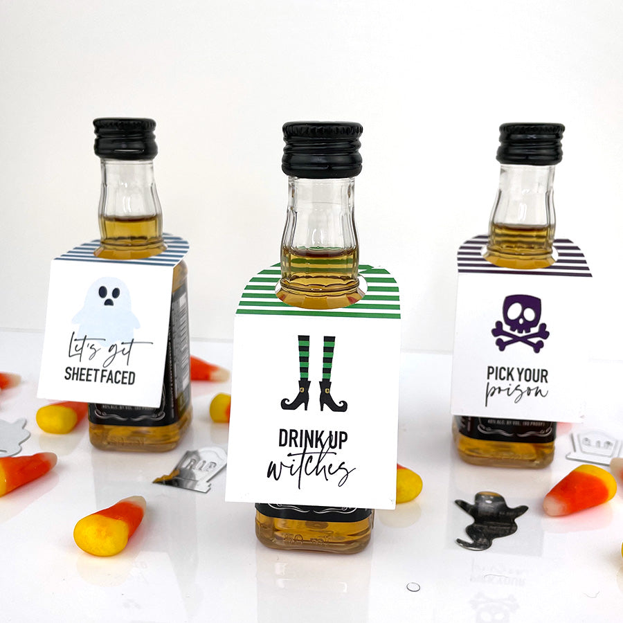 drink up witches halloween mini liquor bottle tags