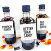 halloween mini wine bottle tags that read pumpkin punch, better than candy and bad and boozie