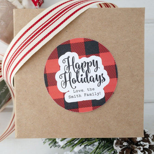 Happy Holidays Gift Label Plaid Christmas Stickers