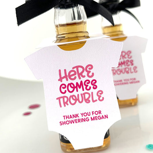 Here comes trouble baby shower favor tags