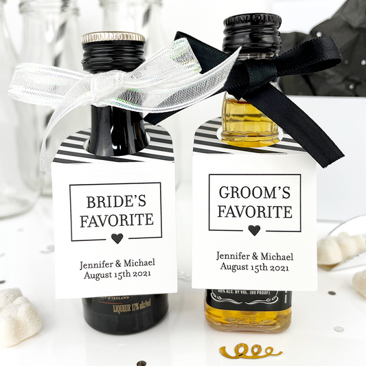 his and hers favorites wedding favor tags on mini liquor bottles