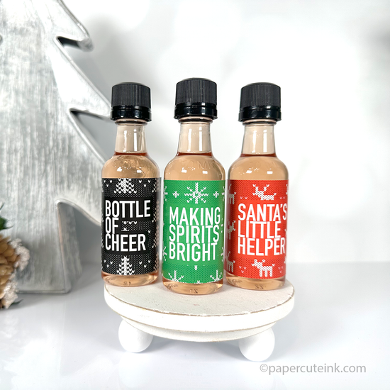 red and green holiday liquor bottle labels