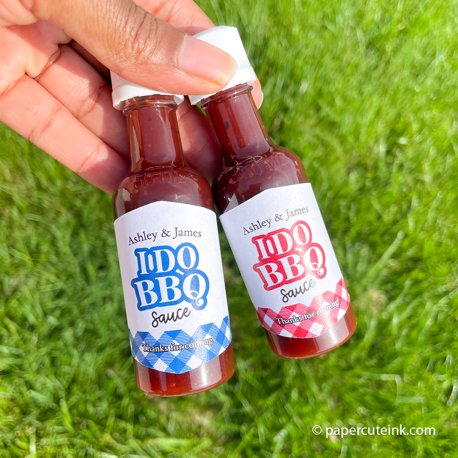 custom party favors miniature bottles of barbecue sauce red gingham and blue gingham labels