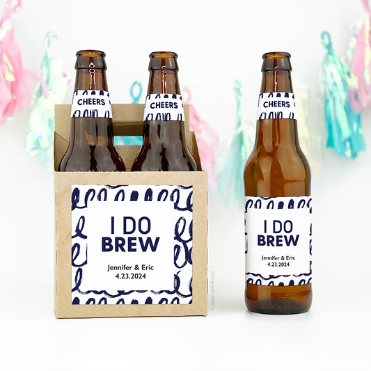 i do brew engagement party beer bottle labels and 4pk carrier