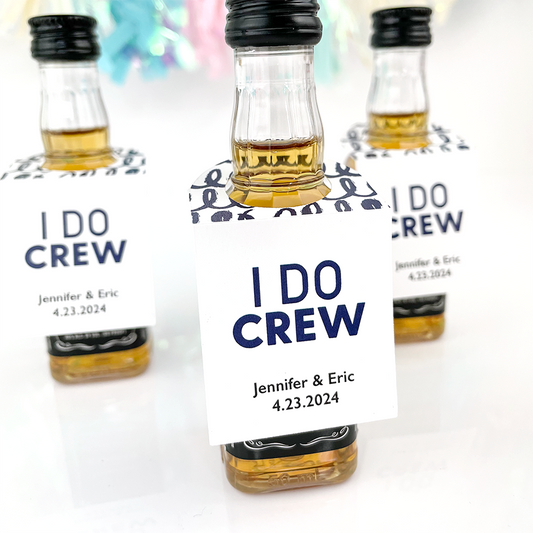 I do crew engagement party mini bottle tags on 50ml mini liquor bottles