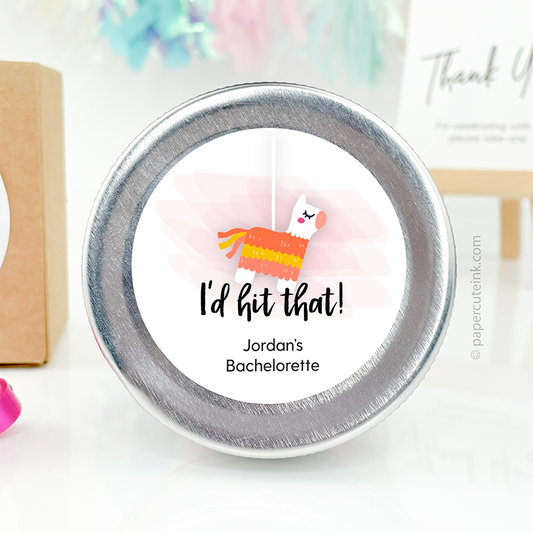 round bridal shower favor labels featuring a lama pinata
