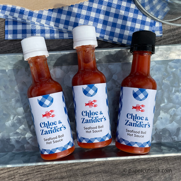 blue gingham party favors mini hot sauce bottles
