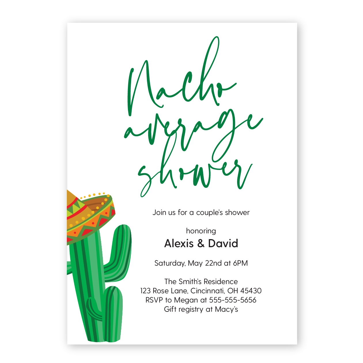 Nacho Average Shower couples shower invitation. Cactus with a sombrero